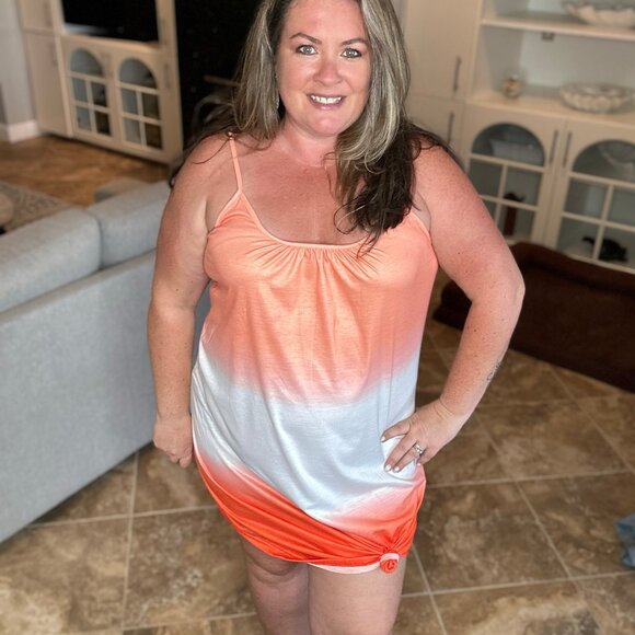 Orange Ombre Tie Die Spaghetti Strap Dress with Asymetrical Hem - Picture 4 of 6